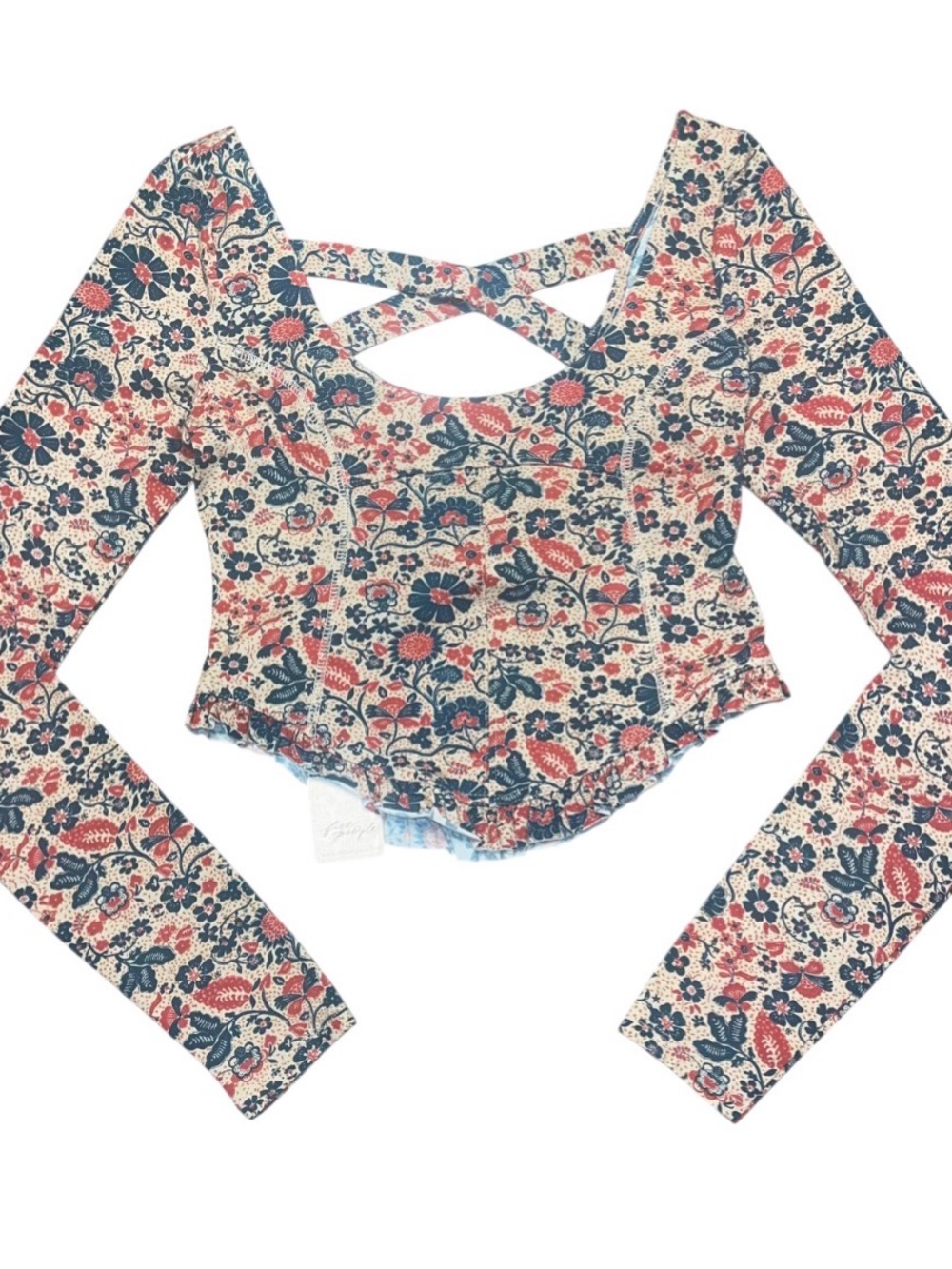 Free People Tan Floral Long Sleeve Crop Open Back Ladies Medium NWT Top Ruffle